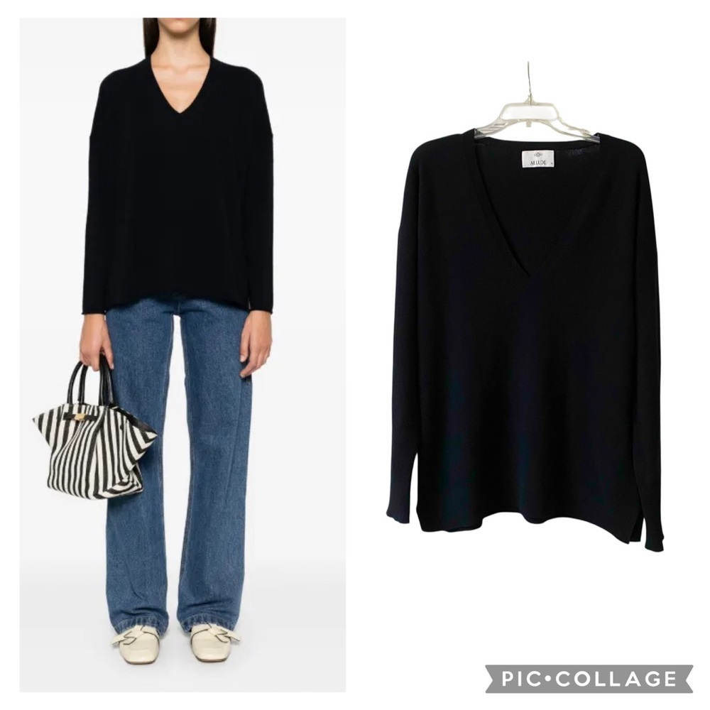 Allude 100% Cashmere Black V-Neck Pullover Womens Size XL Eco-Friendly Sweater - Picture 2 of 12